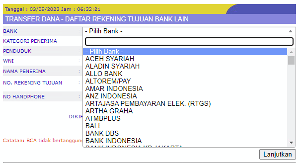 Indonesian bank account selection screen